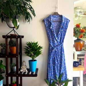 Blue Midi Dress with White and Pink Flowers